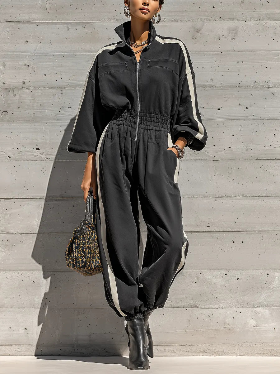 Women's Black White Stripe Washed Cotton Oversized Long Sleeve High Neck Zip Front Elastic Cuff Jogger Jumpsuit MDZ1429G0YZJ