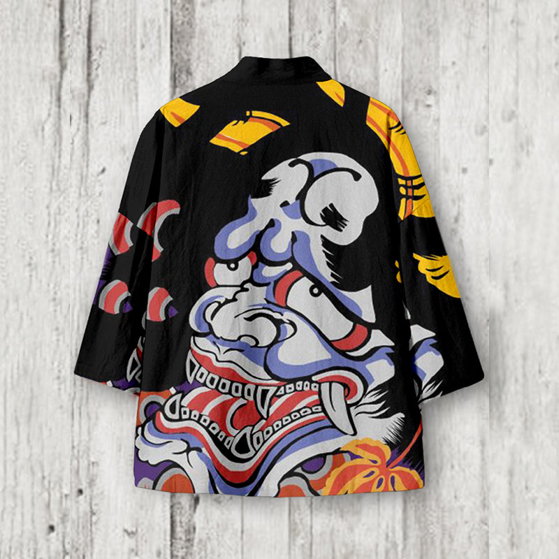 Vintage Japanese Demon Art Pattern Linen Kimono