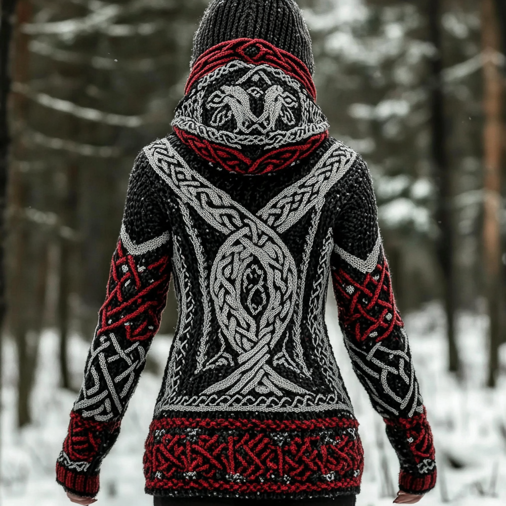 Women's Viking Style Knitted Jacquard Hooded Cardigan Sweater