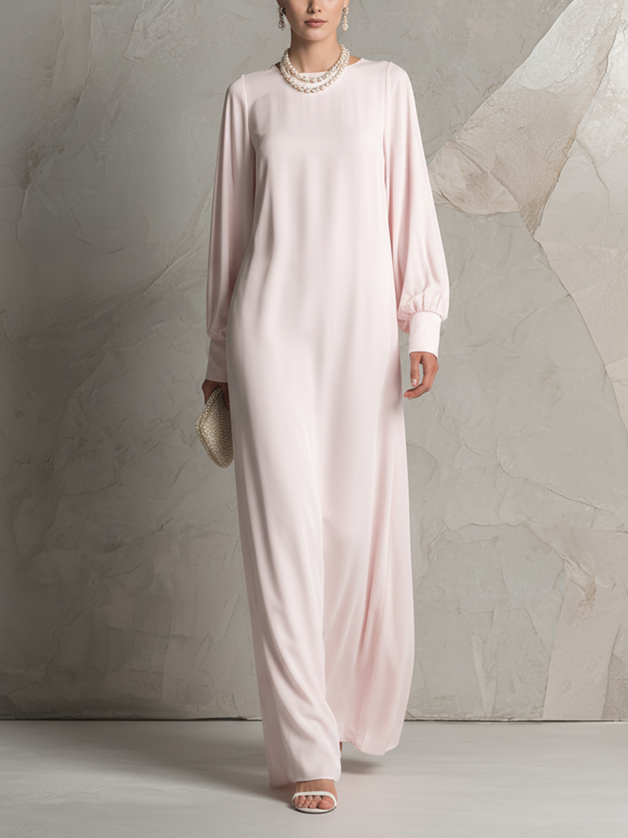 Women's Pale Pink Boat Neck Long Sleeve Open Back Maxi Dress MDZ0986C4BA