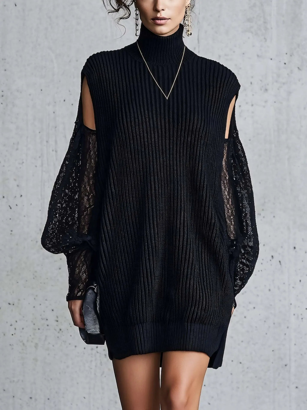 Turtleneck Cold Shoulder Ribbed Knit Mini Dress With Sheer Lace Sleeves