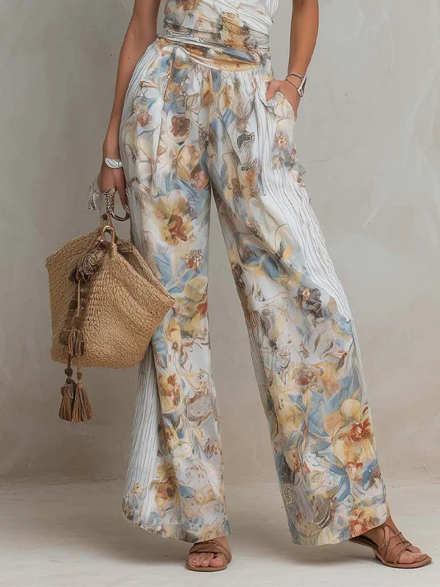 Bohemian Halter Floral & Stripe Wide-Leg Jumpsuit With Ruched Waist