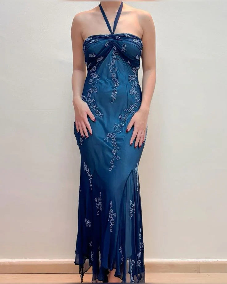 Dark Blue Fairy Mermaid Beaded Long Chiffon Formal Prom Evening Dress Wedding Guest Party Gown Dress Greek Halter Neck b