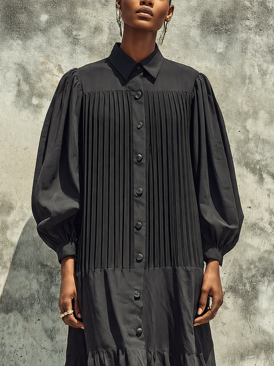 Women's Solid Black Cotton Blend Lapel Vertical Pleat Front Gathered Cuff Loose Fit Tiered Ruffle Midi Shirt Dress MDZ2092G4YZJ