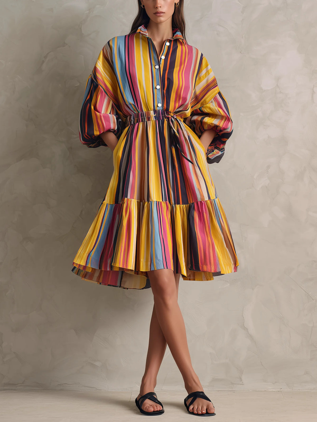 Women's Casual Woven Midi Dress With Colorful Print And 3/4 Sleeves MDZ0973G1LXY