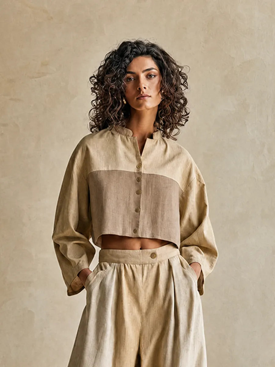 Women's Relax Vacation Khaki Color Block Stand Collar Long Sleeve Cropped Top & Wide Leg Pants Set MDZ0642G5Q