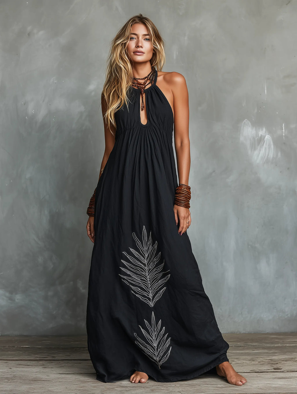 Women's Casual Black Cotton And Linen Halter Neck Sleeveless Loose Long Dress With Embroidered Hem MDZ0204C2AN