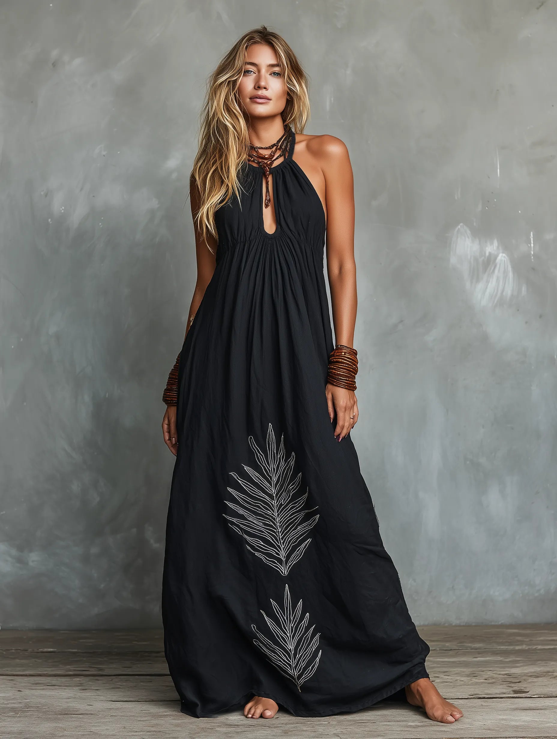 Women's Casual Black Cotton And Linen Halter Neck Sleeveless Loose Long Dress With Embroidered Hem MDZ0204C2AN