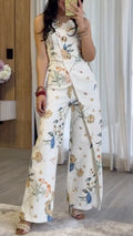Floral Print Sleeveless Overlay Wide Leg Jumpsuit