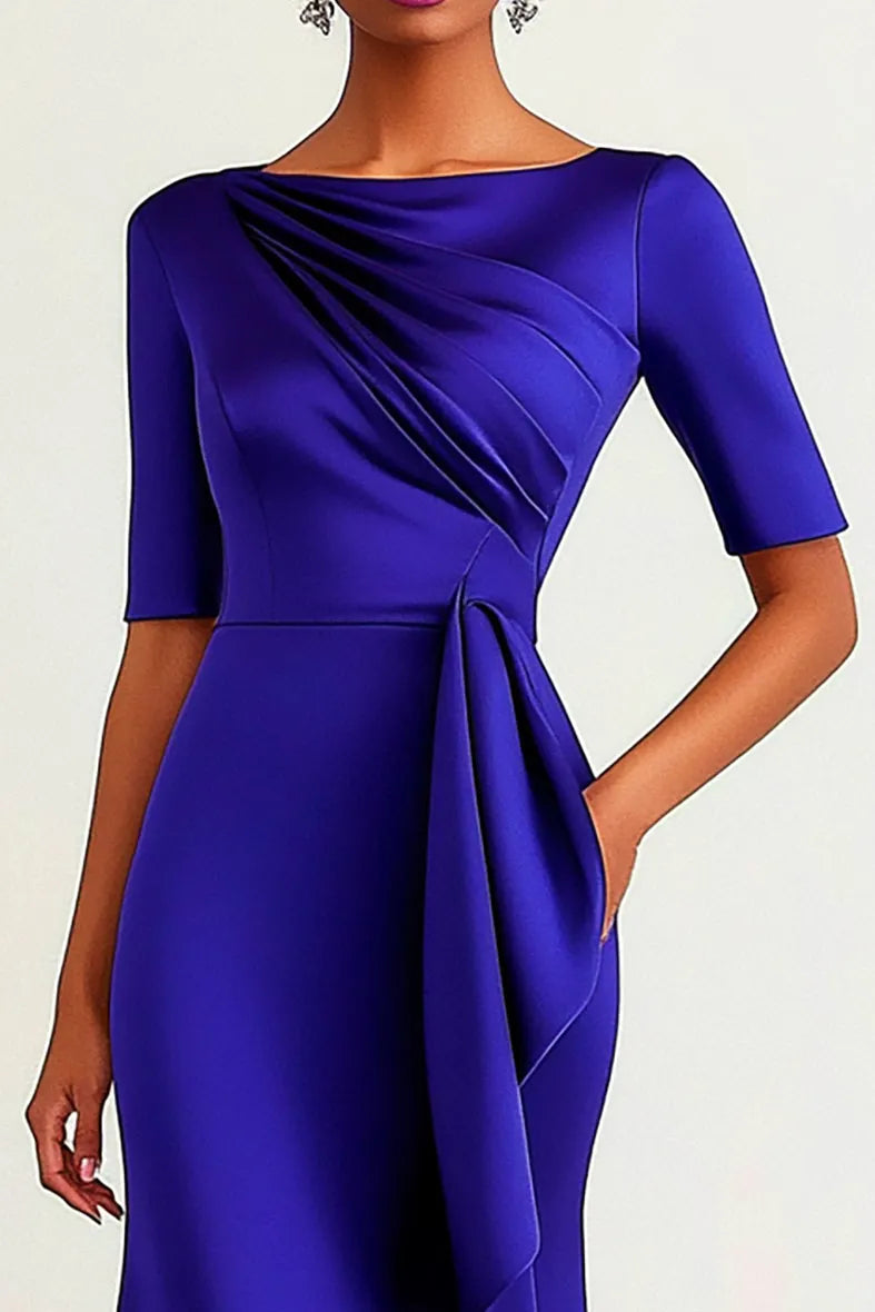 Wedding Guests Dress Dark Blue Crew Neck Midi Mother of the Bride Dress