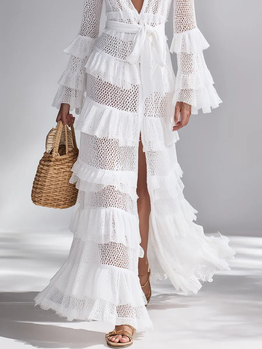 Women's Crisp White Crochet Knit Cardigan With Deep V-Neck & Layered Ruffles, Timeless Bohemian-Glam Style Cardigan MDA2372L3I