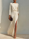 Women's Beige Cotton-Blend Crew-Neck Ruched Slit Maxi Dress MDZ2273G6ZRK