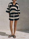 Women's Coastal Black And White Striped Crochet Knit V-Neck Short Sleeve Top And Drawstring Shorts Two-Piece Set MDZ1013G8ZSQ