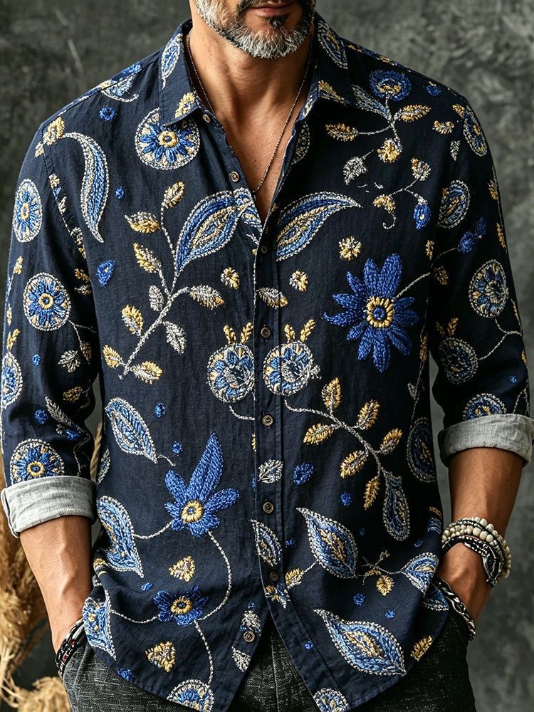 Men's Retro Floral And Leaf Embroidered Pattern Cotton Linen Long-sleeve T-shirt