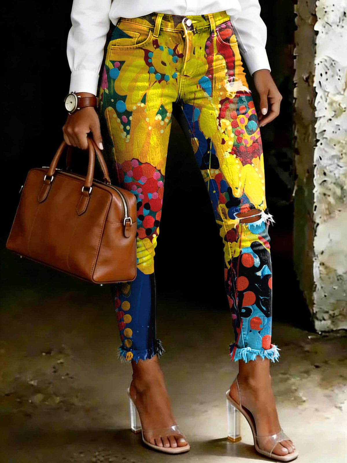Women's Vintage Sunflower Floral Art Print Ripped Skinny Jeans