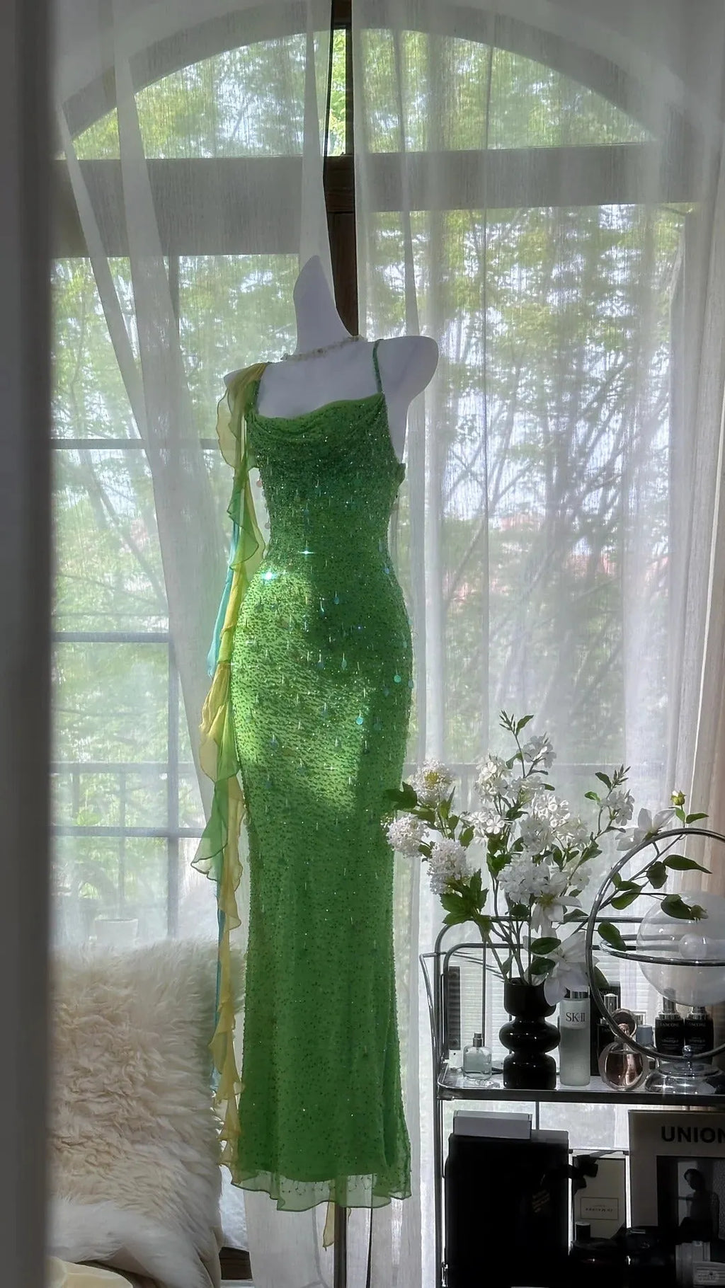 Green Beautiful Charming Fashion Elegant Sparkling Exquisite Sequin Beaded Long Chiffon Ball Gown Evening Gown Birthday Party Gown Prom Gown Graduation Gown 3946
