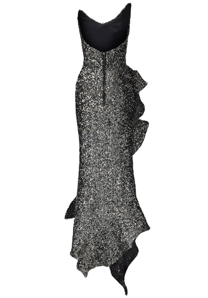 Strapless Sequin Ruffle Maxi Dress Silver