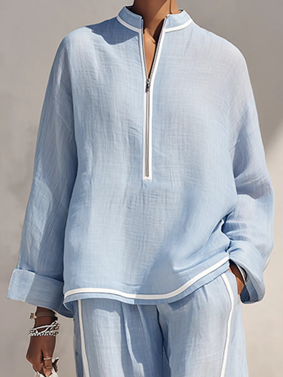 Women's Light‑Blue Linen Fabric Stand‑Collar Half‑Zip Oversized Top & Wide‑Leg Pants Set MDZ1594G5ZRK
