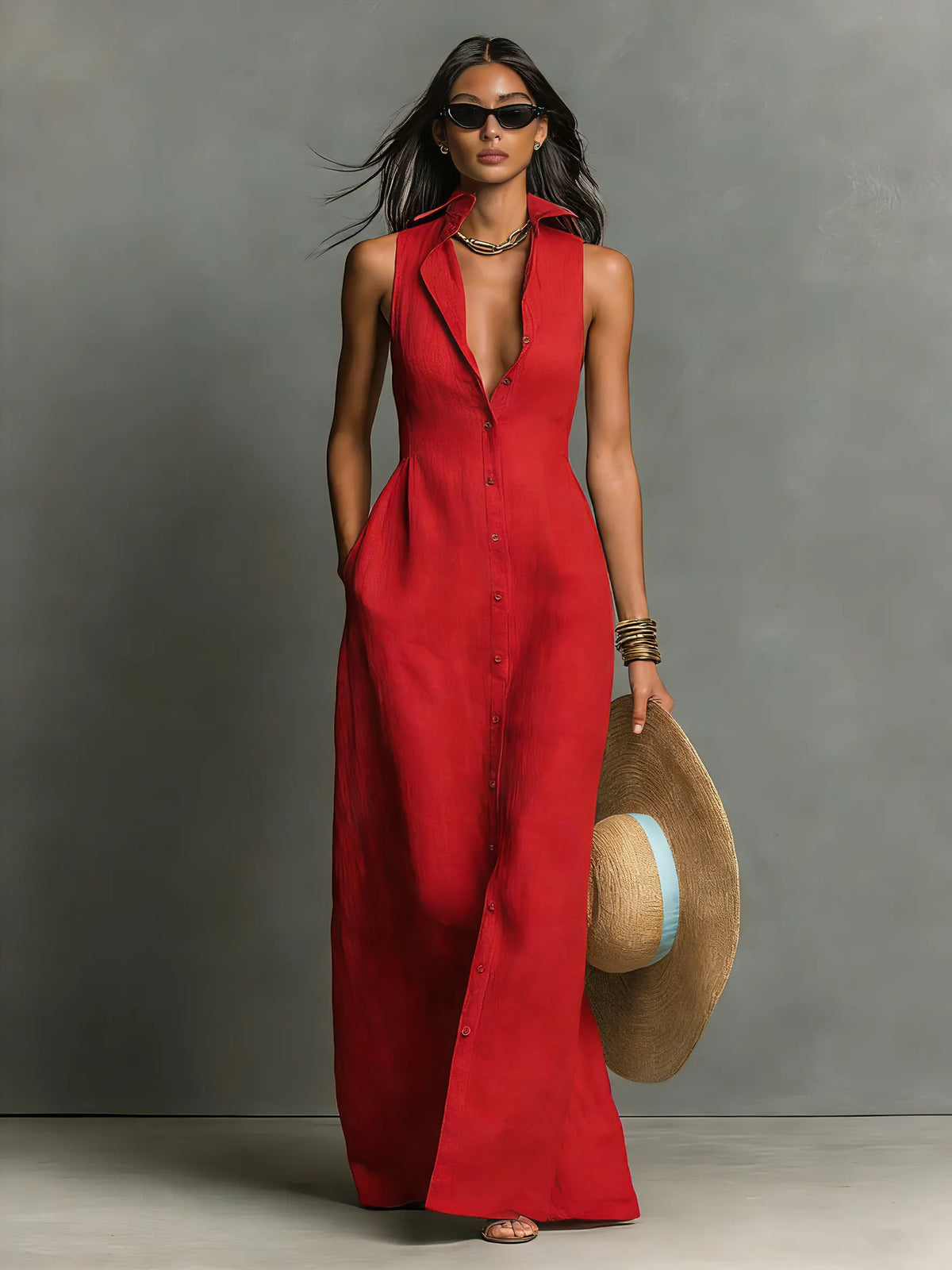 Women's Minimalist Linen-Blend Collared Single-Breasted Sleeveless Maxi Shirt Dress