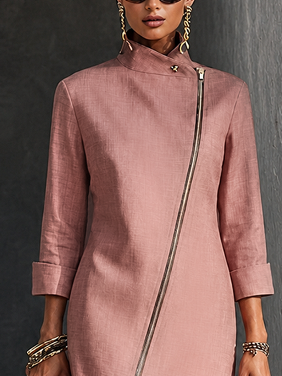 Women's Elegant Dusty Pink Cotton Linen Asymmetric Zip Stand Collar Mini Dress MDZ1718G9GMJ