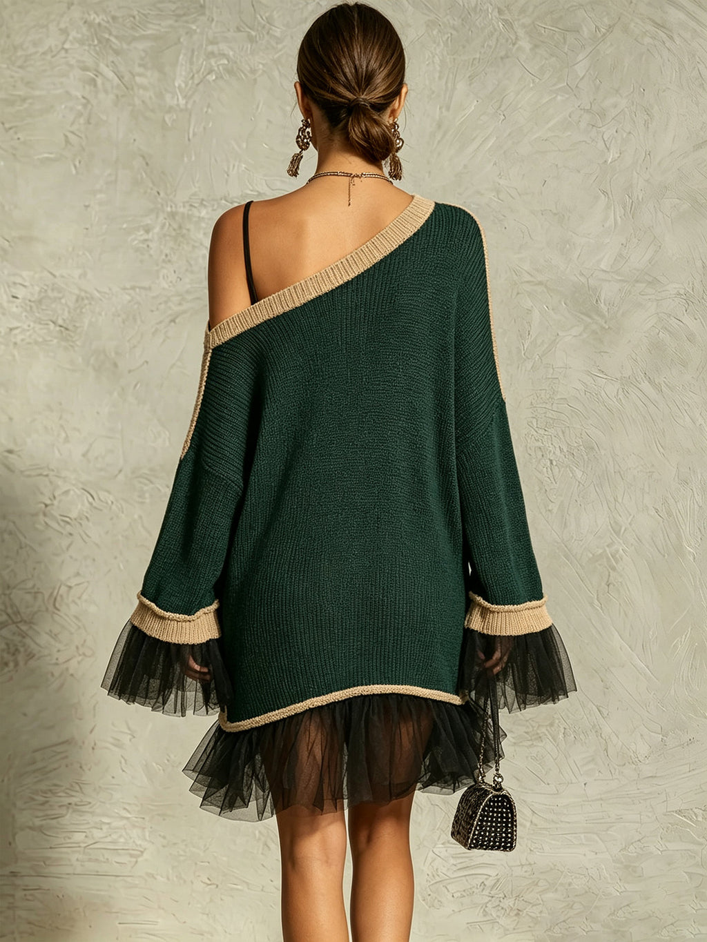 One-Shoulder Green Ruffle Hem Knit Mini Dress