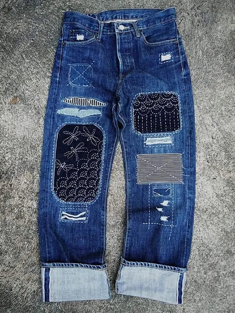 Japanese Style Sashiko Splicing Design Jeans