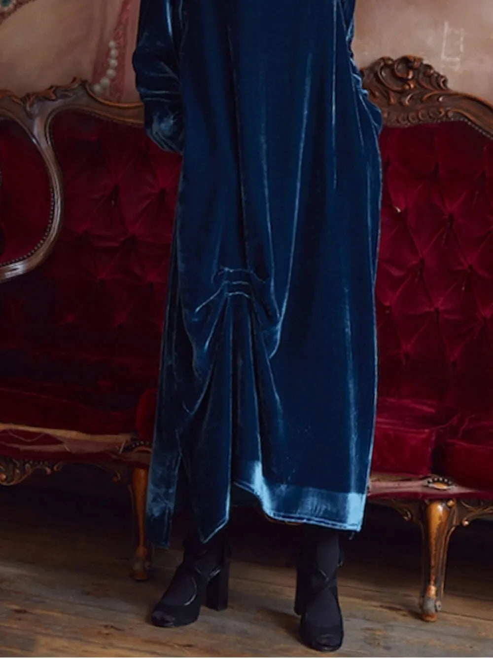 Draped Neck Ruched Velvet Midi Dress