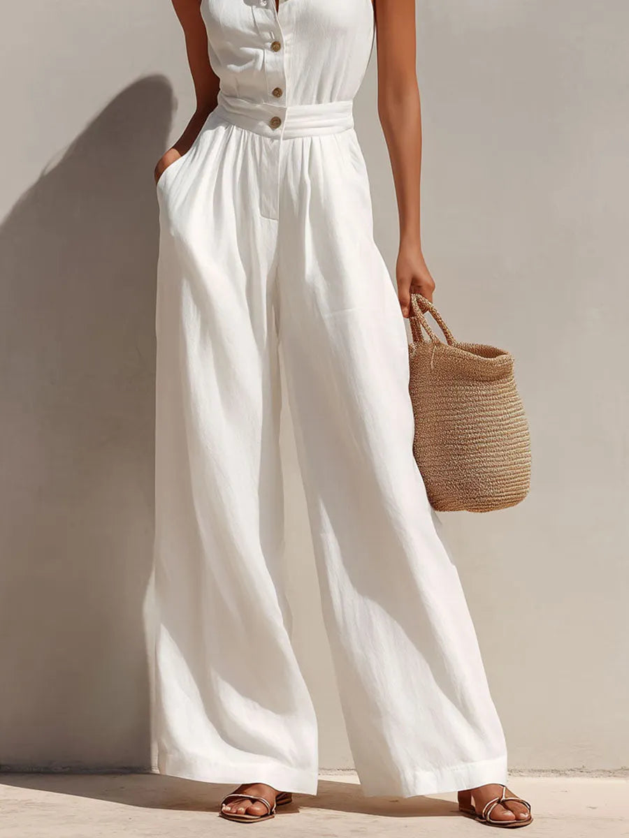 Boho Chic White Button-Front Wide-Leg Jumpsuit