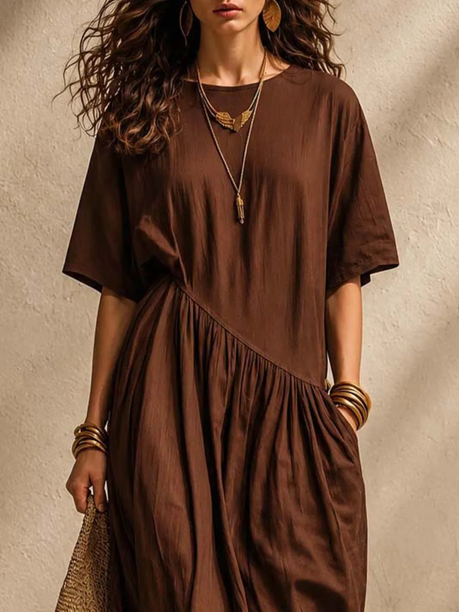 Old Money Wind Tencel Blend Linen Asymmetrical Cut Shirt Mid-Length Dress
