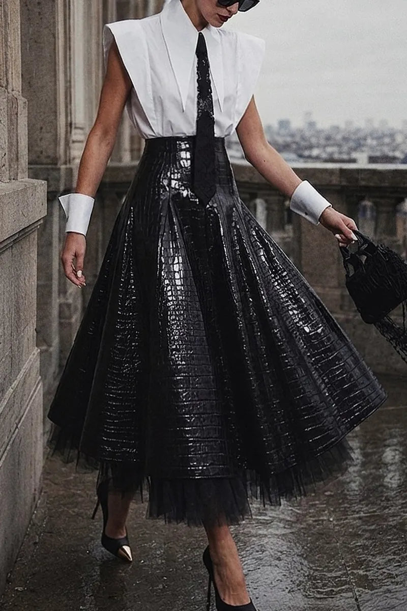 Women's Fashion Wide Shoulder Shirts & Leather Mesh Panel Skirt