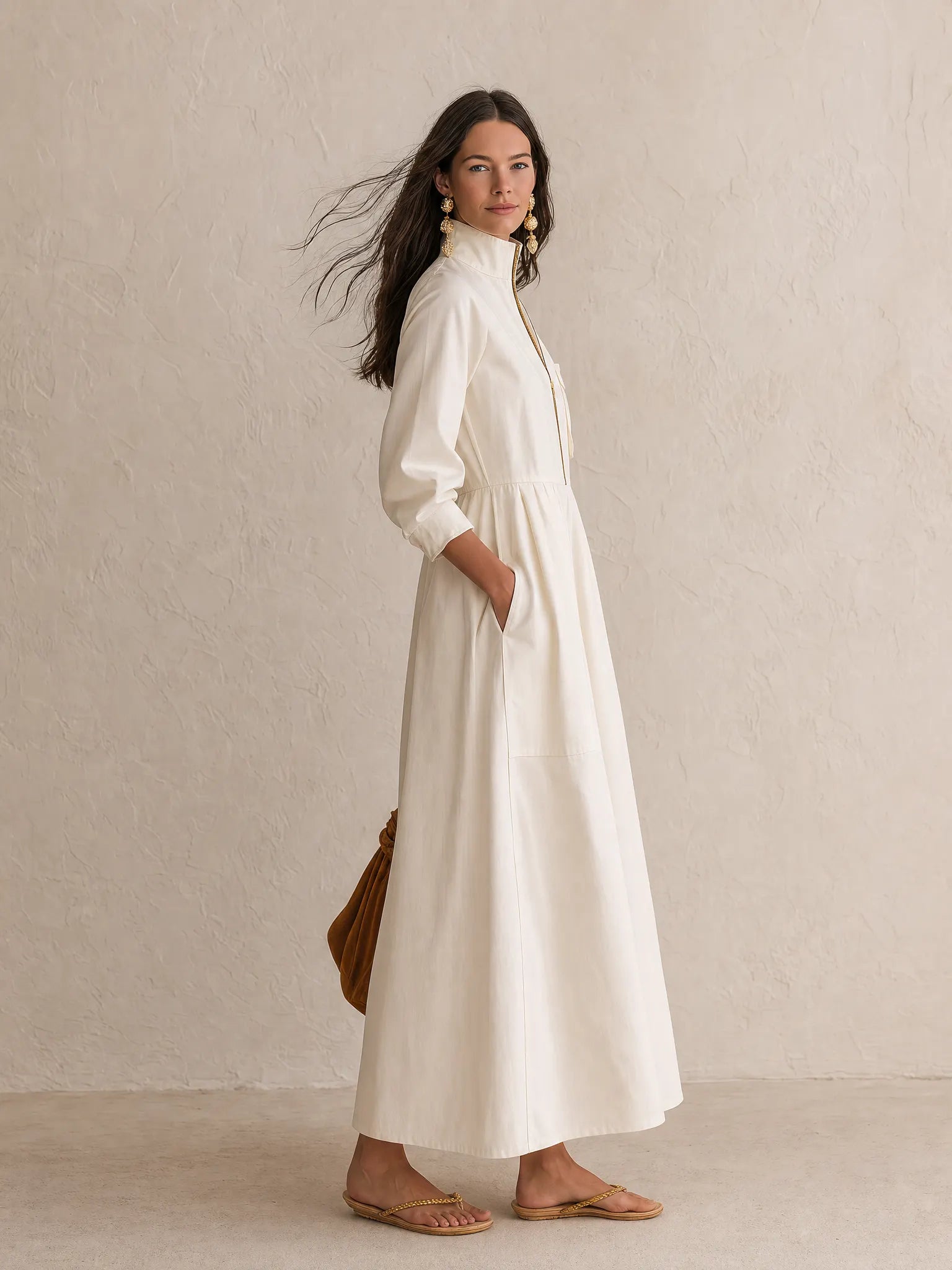 Women's Half-Zip Stand Collar Long Sleeve Pockets Maxi Dress