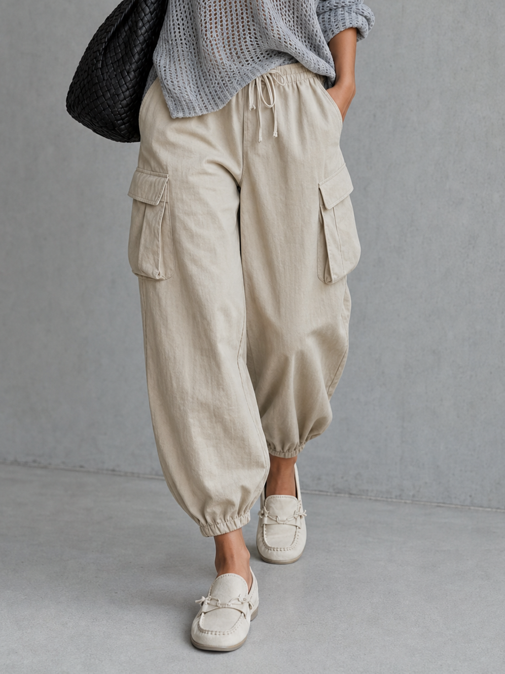 Women's Casual Grey Open-knit V-neck Long-sleeve Top Paired With Khaki Woven Trousers MDZ2413G5LXY