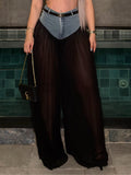 Denim Corset Waist Sheer Chiffon Wide Leg Pants