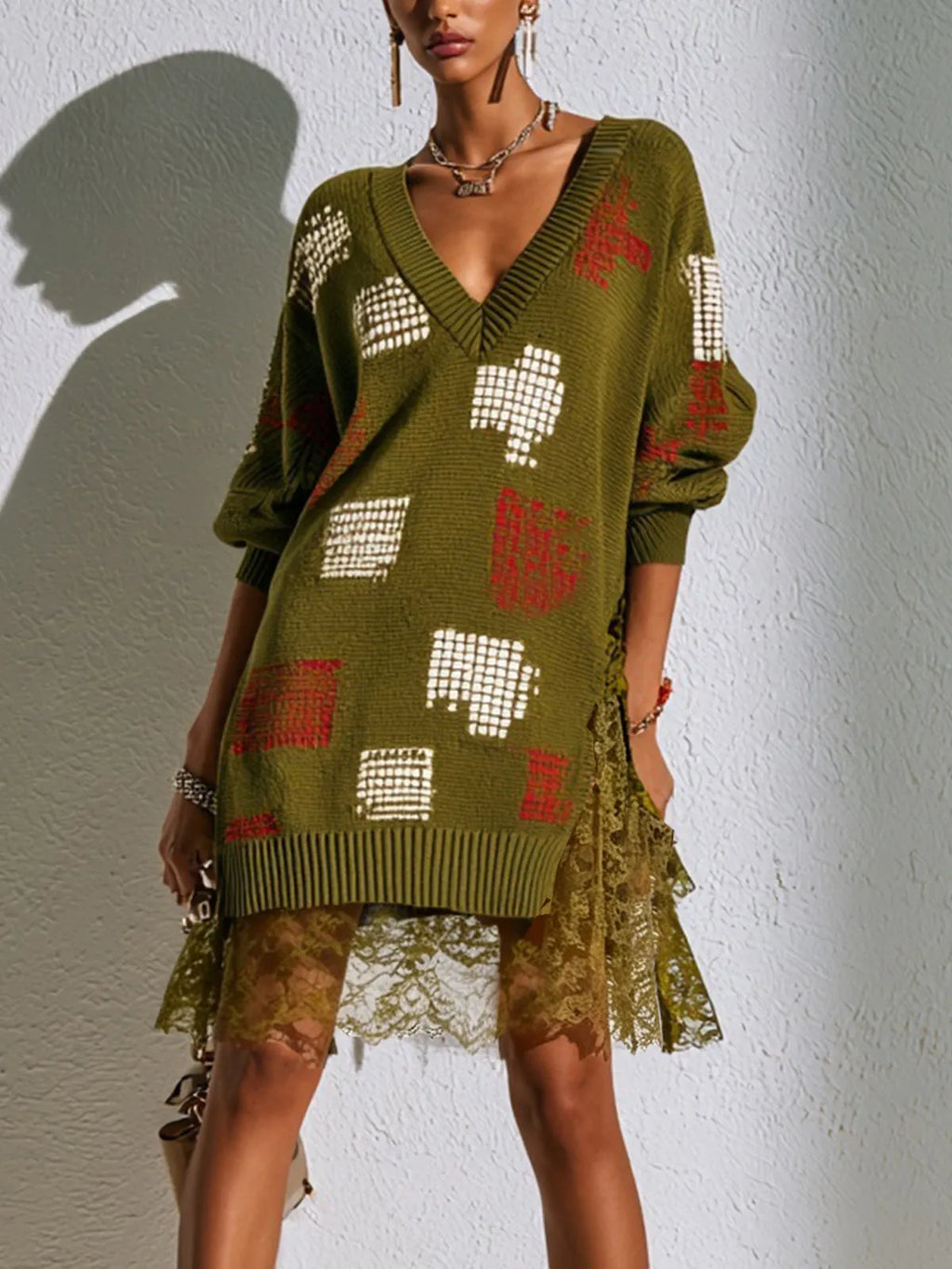 Olive Patchwork Lace Hem Oversized Knit Mini Dress