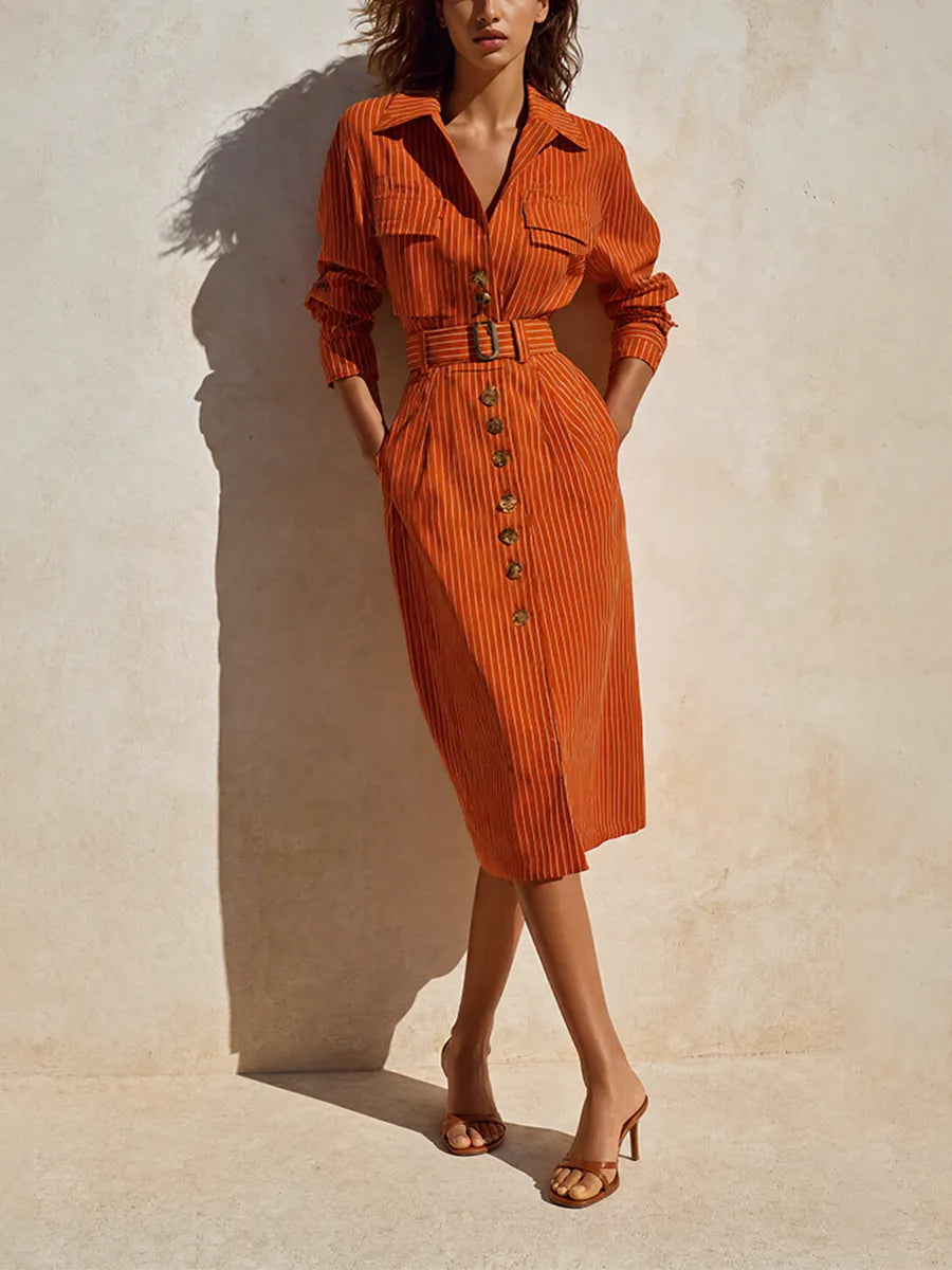 Women's Elegant Casual Orange Striped Collared Long-Sleeve Belted Button-Front Shirt Midi Dress MDZ2223G9CMX