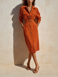 Women's Elegant Casual Orange Striped Collared Long-Sleeve Belted Button-Front Shirt Midi Dress MDZ2223G9CMX