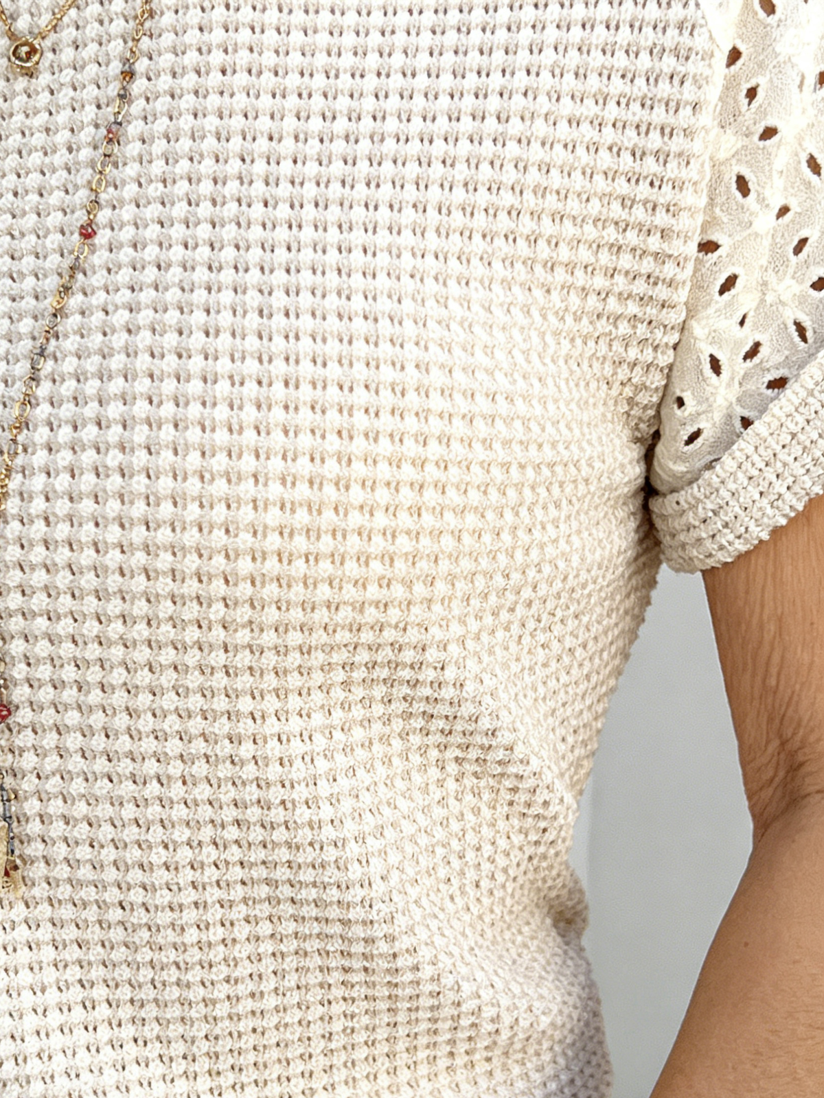 Textured Fabric Crew Neck Lace Splicing Short Sleeve T-Shirt Top Women's