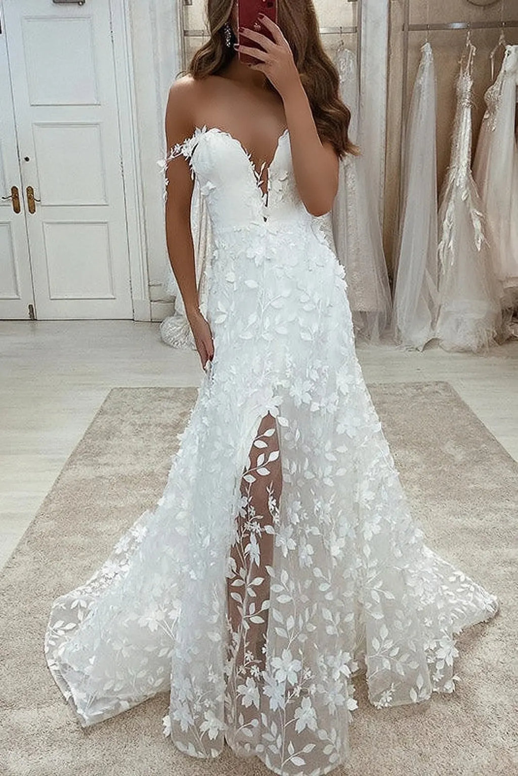 Trumpet Mermaid Floral Off The Shoulder Wedding Dress With Slit
