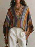 Coastal Boho Hand-Knit Multicolor Batwing Oversized Colorful Knit Top