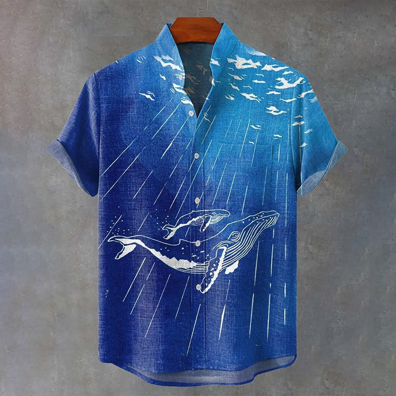 Men's Short-sleeved Shirt With Ocean Shark Print