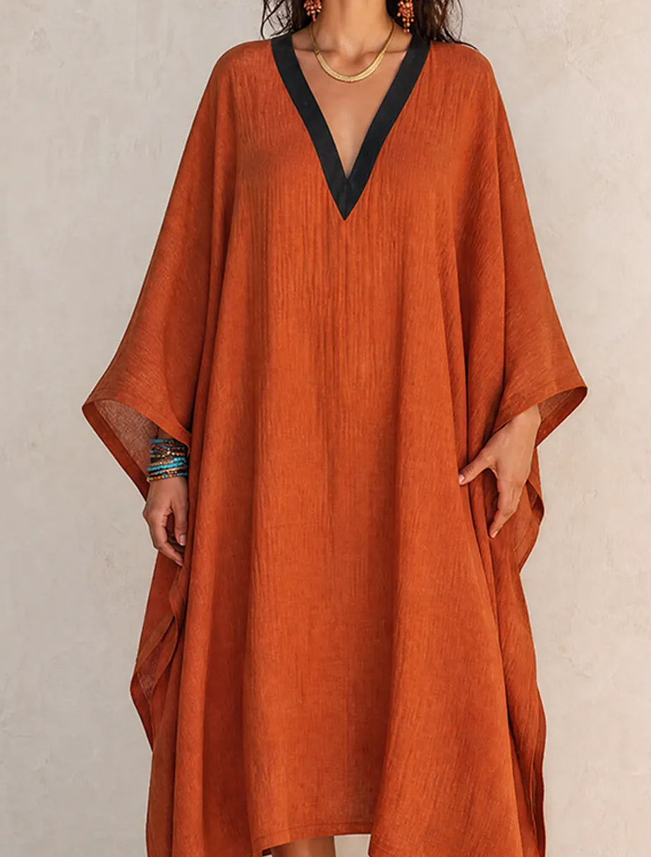 Women's Minimalist Solid Orange Linen V-Neck Midi Kaftan Dress MDZ0788G7ZRK