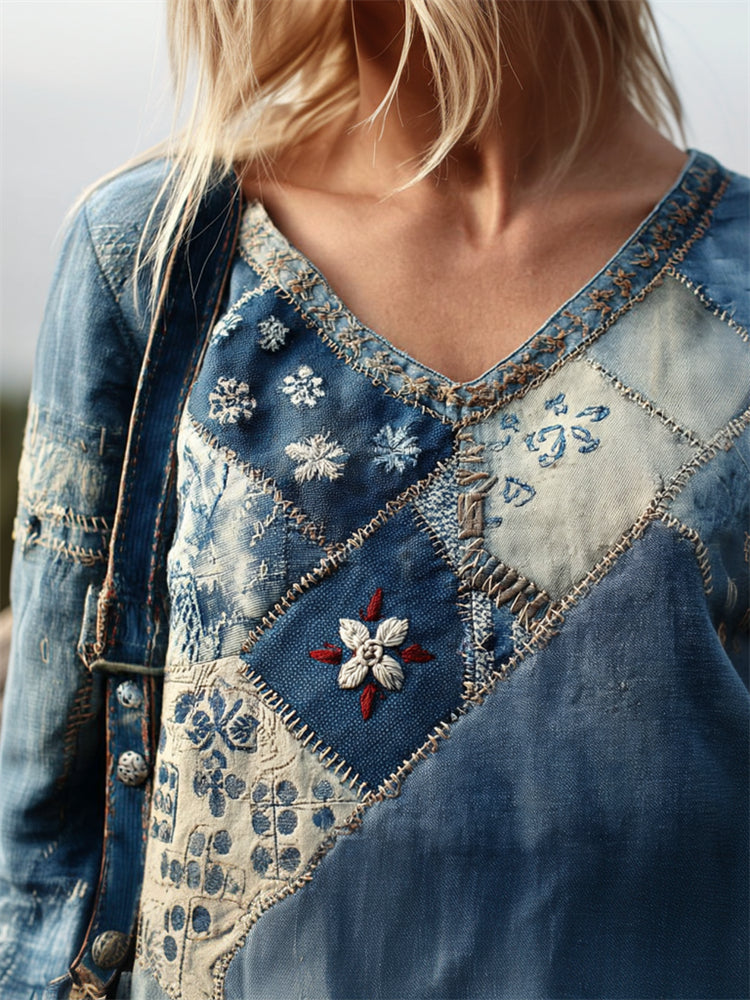 Vintage Floral Japanese Sashiko Embroidered Patchwork Linen Tunic