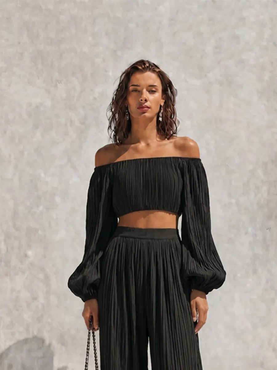 Women's Vacation Style Black Pleated Off Shoulder Puff Long Sleeve Cropped Top Wide Leg Pants Set MDZ0605G8Q