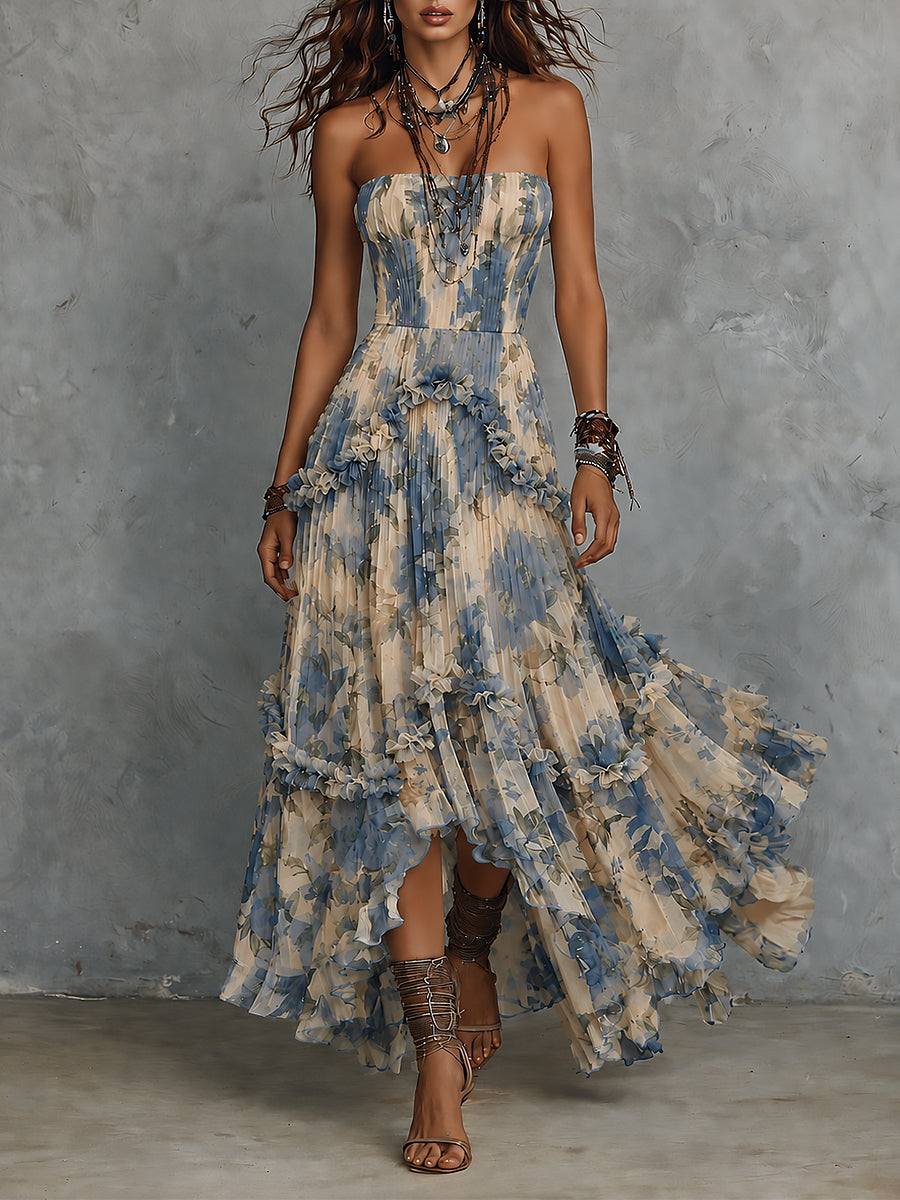 Retro Strapless Printed Pleated Ruffle Trim Chiffon Maxi Dress