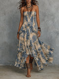Retro Strapless Printed Pleated Ruffle Trim Chiffon Maxi Dress