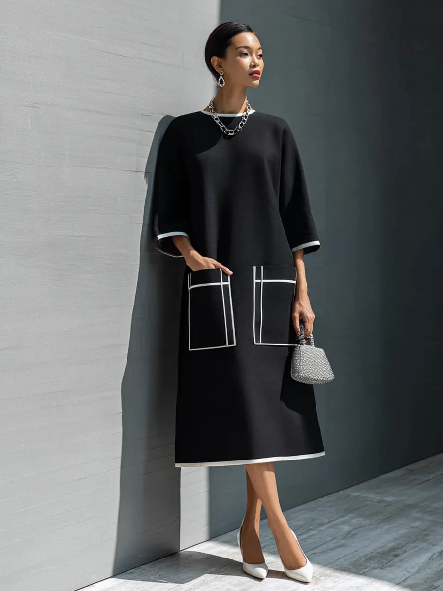 Women's Luxury Commuter Black Cotton Blend Contrast Stitch Patch Pocket 3/4 Sleeve Midi Dress MDZ1060G4GMJ