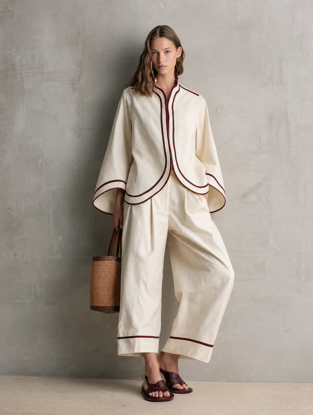Women's Casual Beige Woven Long-sleeve Jacket And Trousers Set MDZ0748G9LXY