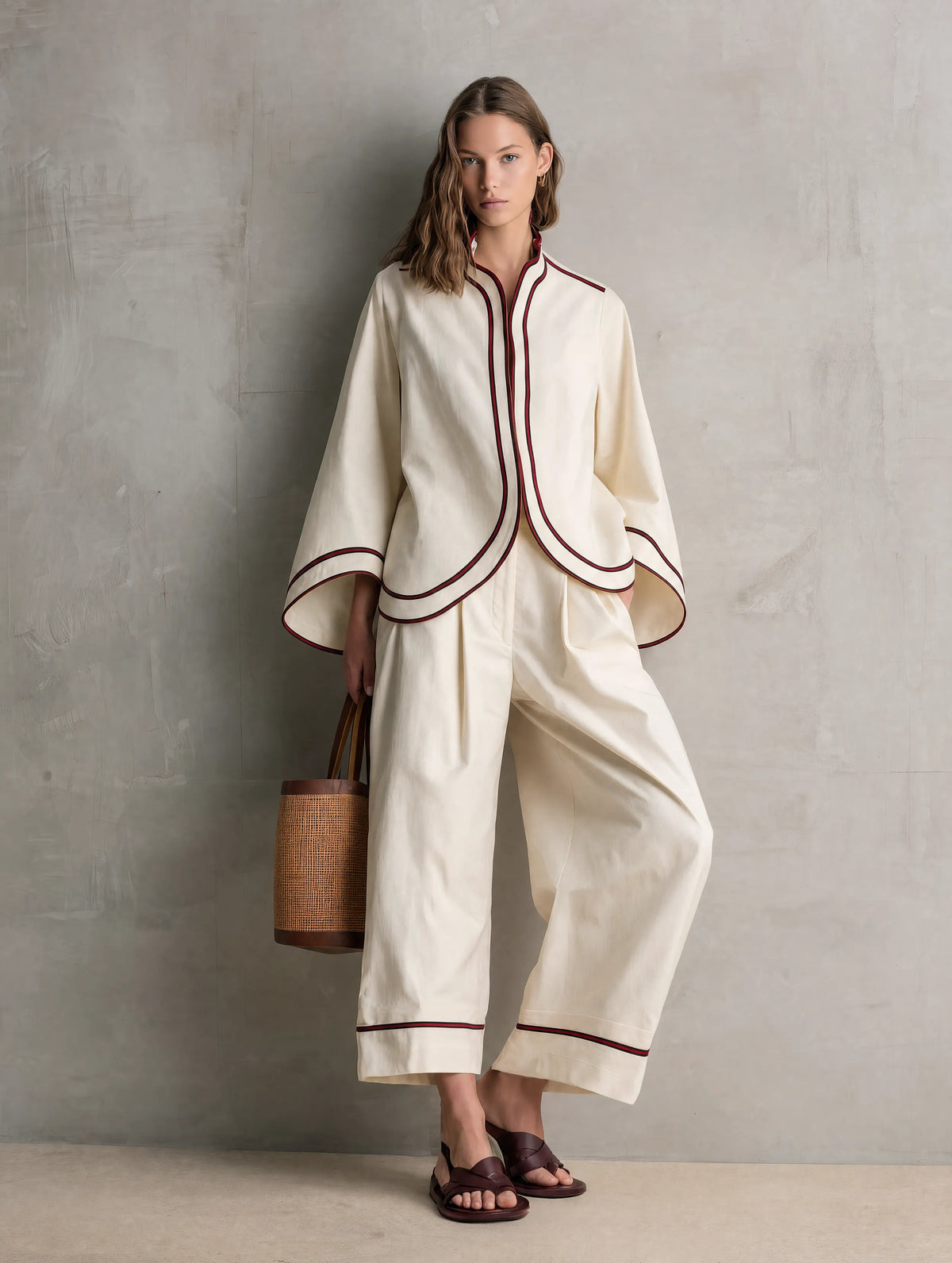 Women's Casual Beige Woven Long-sleeve Jacket And Trousers Set MDZ0748G9LXY
