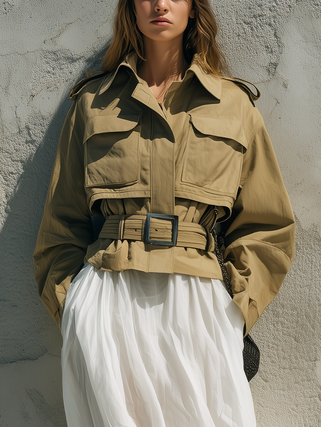 Women's Casual Khaki Woven Long-Sleeve Utility-Style Cropped Trench Coat (Belt Included) MDZ2408G9LXY