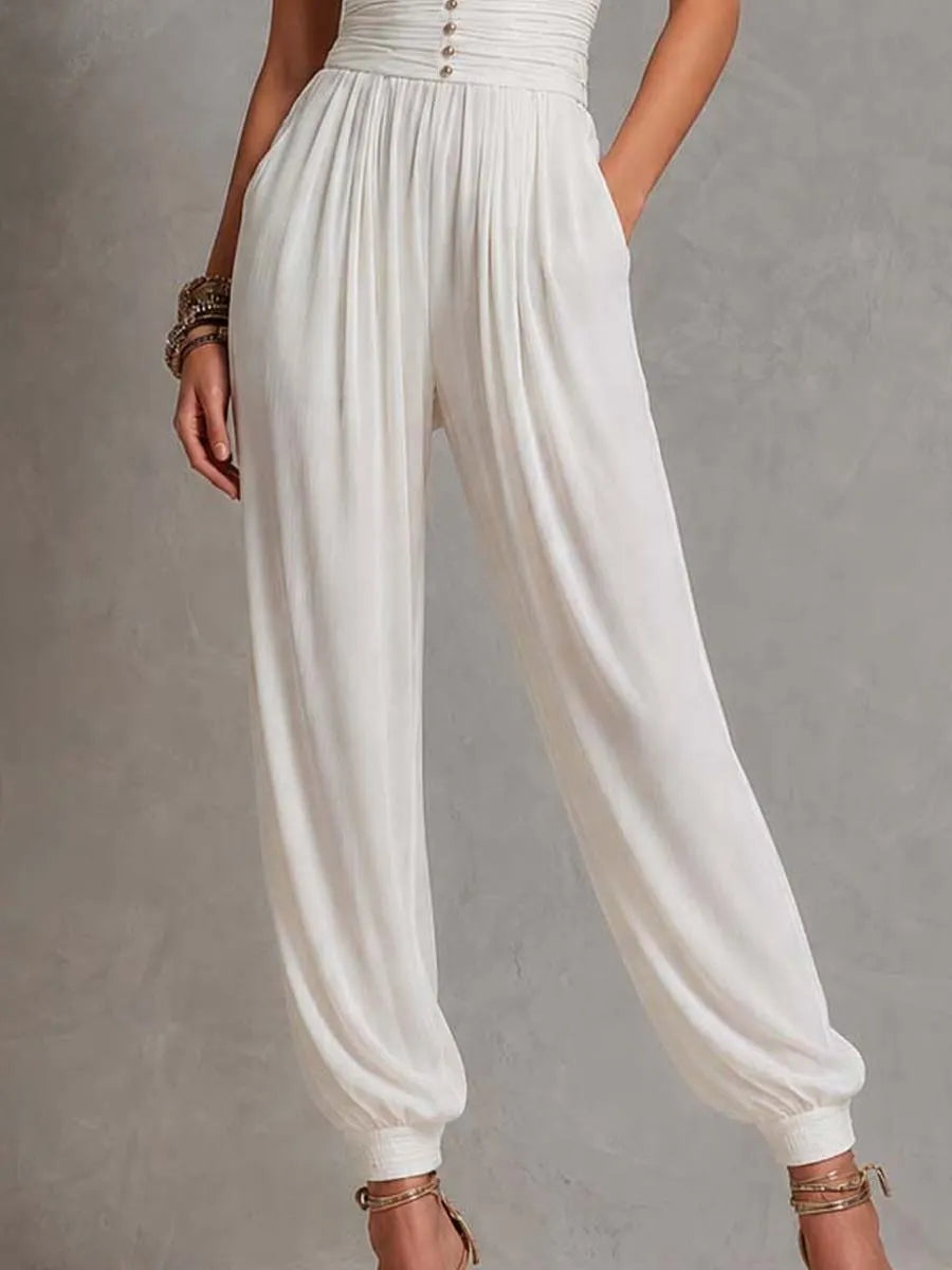 White Knit Chiffon-Paneled Sleeves Jumpsuit With Cinched Waist